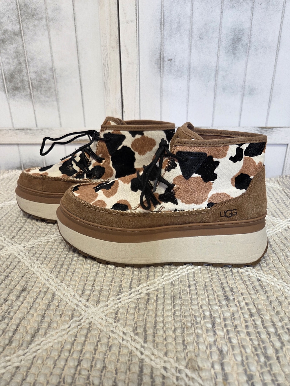 UGG Women’s Platform Ankle Boot  Cow Print Brown